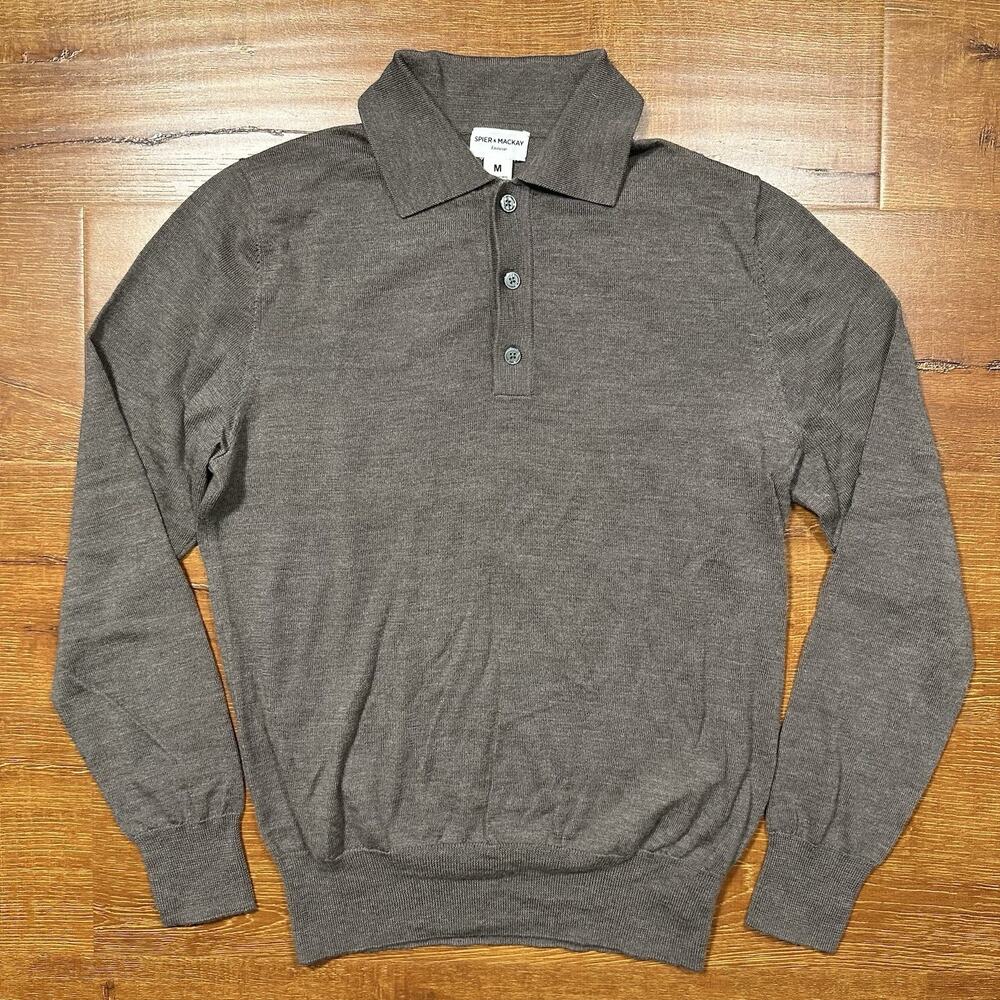 Spier & Mackay Polo Shirt Mens M Gray 100% Merino Wool Long Sleeve Luxury Preppy